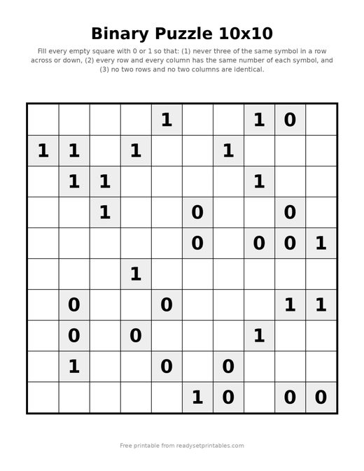 Binary Puzzles — 10x10