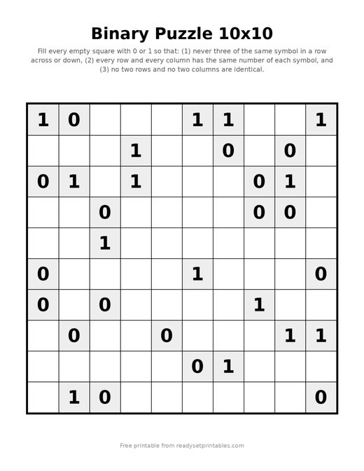 Binary Puzzles 10x10 Medium 02
