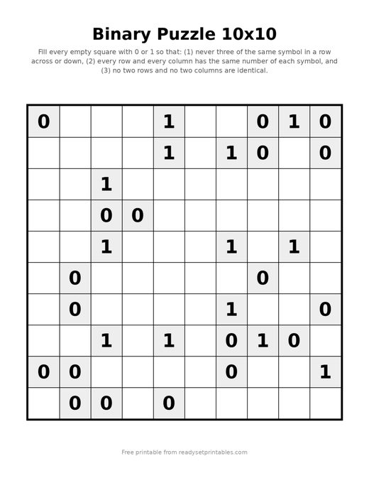 Binary Puzzles 10x10 Medium 03