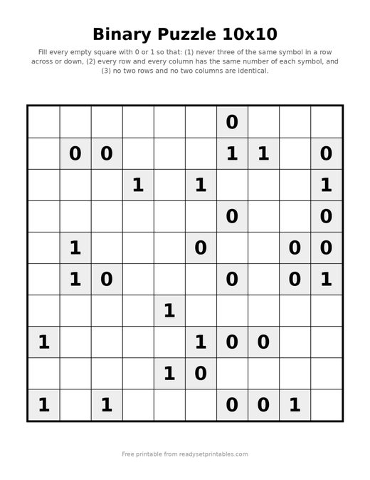Binary Puzzles 10x10 Medium 04