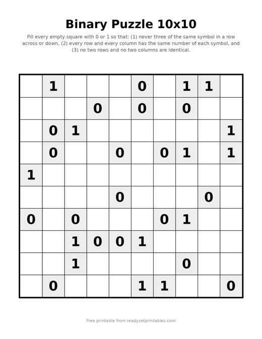 Binary Puzzles 10x10 Medium 07
