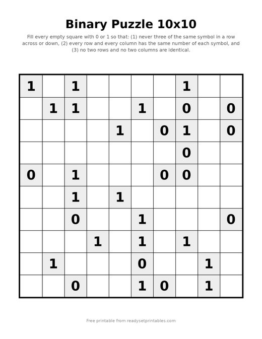 Binary Puzzles 10x10 Medium 10