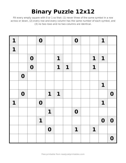 Binary Puzzles — 12x12