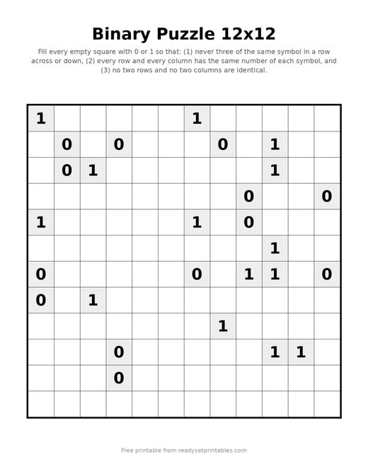 Binary Puzzles 12x12 Hard 04