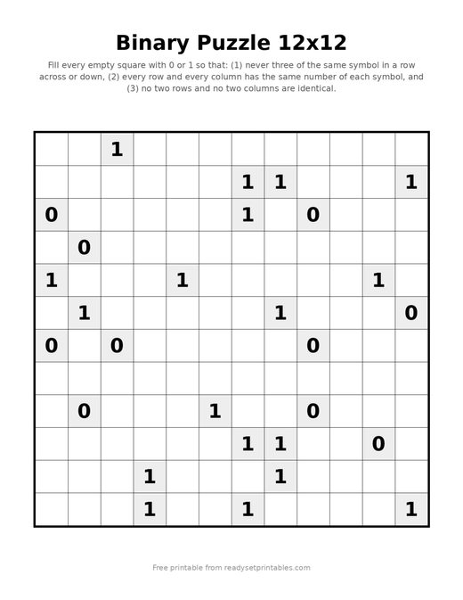 Binary Puzzles 12x12 Hard 05