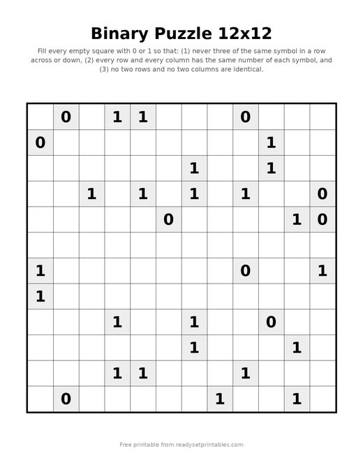 Binary Puzzles 12x12 Hard 06