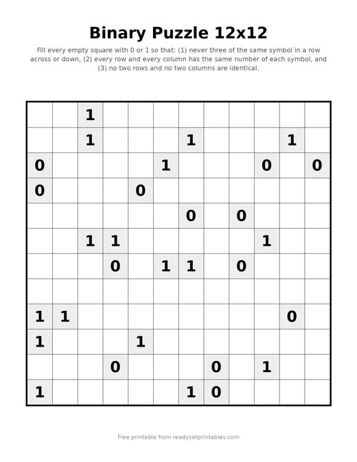 Binary Puzzles 12x12 Hard 07