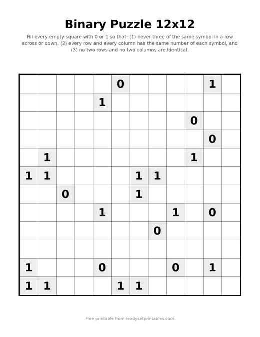 Binary Puzzles 12x12 Hard 08