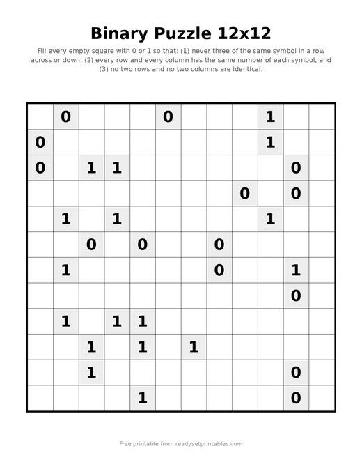 Binary Puzzles 12x12 Hard 09