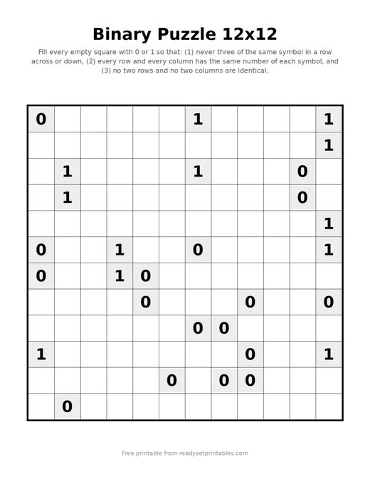 Binary Puzzles 12x12 Hard 10