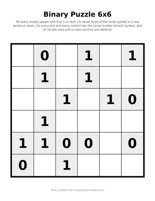 Binary Puzzles — 6x6 Easy