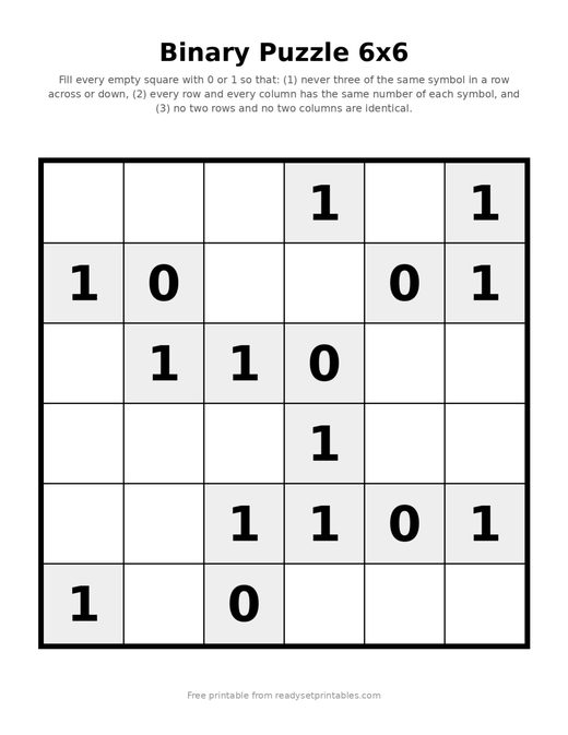 Binary Puzzles 6x6 Easy 02
