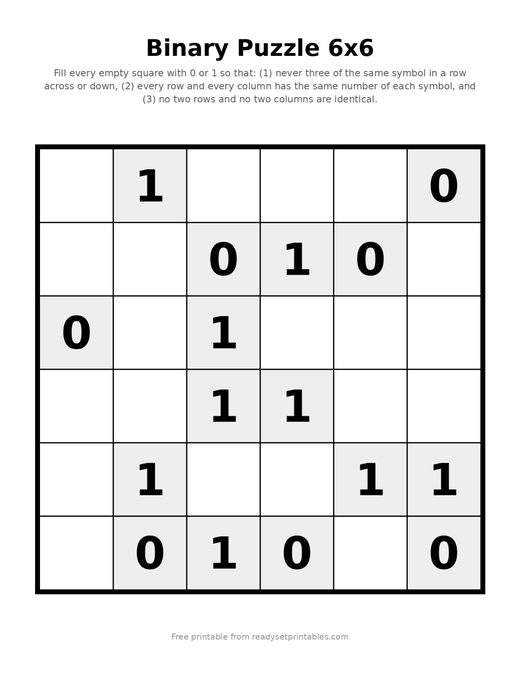 Binary Puzzles 6x6 Easy 03