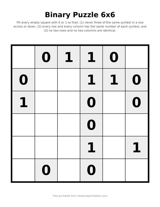 Binary Puzzles 6x6 Easy 04