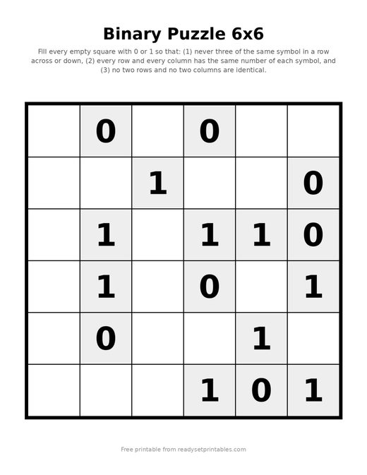 Binary Puzzles 6x6 Easy 05