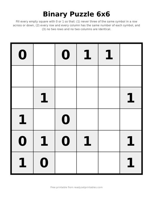 Binary Puzzles 6x6 Easy 06