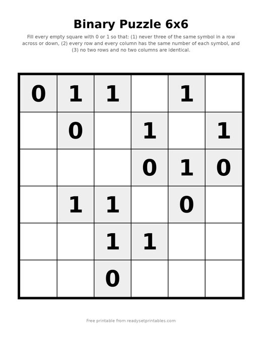 Binary Puzzles 6x6 Easy 07