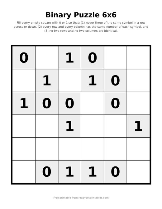 Binary Puzzles 6x6 Easy 08