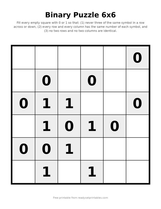 Binary Puzzles 6x6 Easy 10
