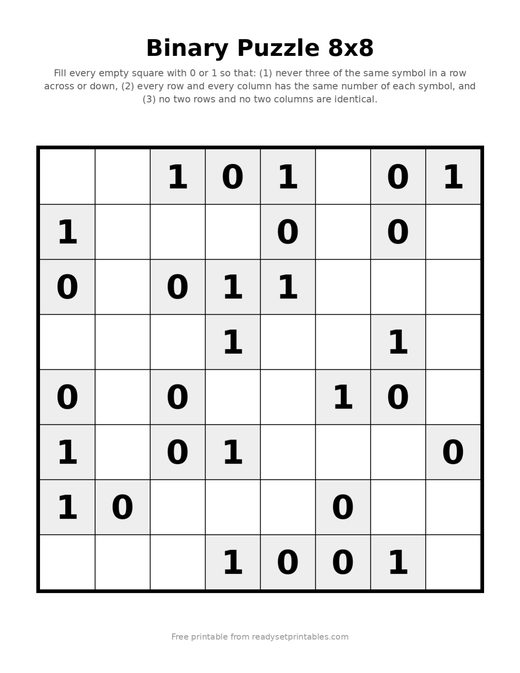 Binary Puzzles — 8x8