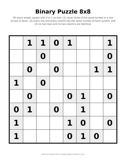 Binary Puzzles 8x8 Easy 05