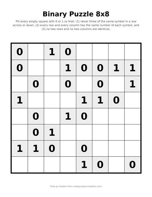 Binary Puzzles 8x8 Easy 08