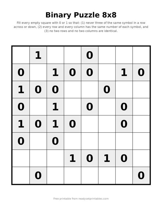 Binary Puzzles 8x8 Easy 10