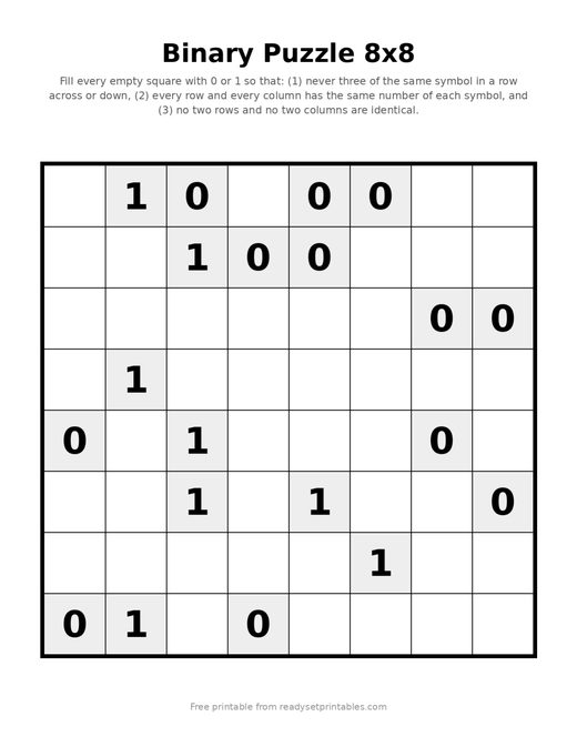 Binary Puzzles 8x8 Medium 02