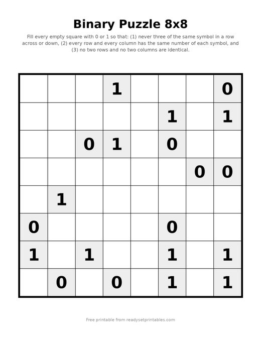 Binary Puzzles 8x8 Medium 05