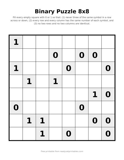 Binary Puzzles 8x8 Medium 06