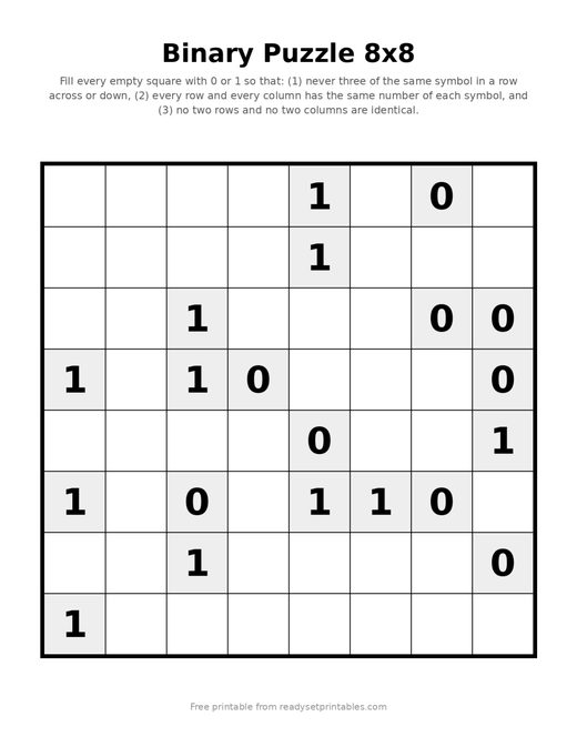 Binary Puzzles 8x8 Medium 07