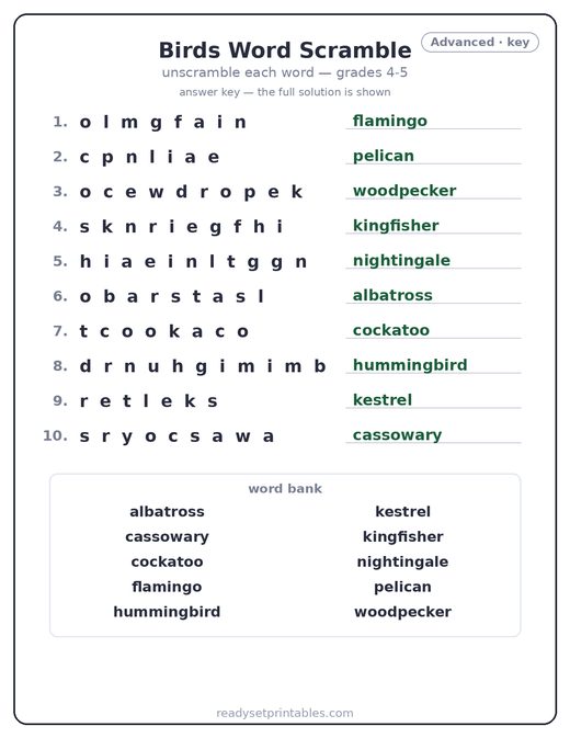 Birds word scramble puzzle, advanced answer key — free printable