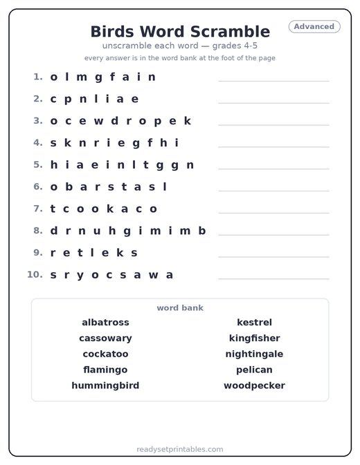Birds word scramble puzzle, advanced — free printable