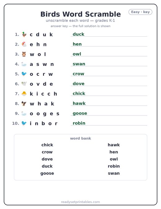 Birds word scramble puzzle, easy answer key — free printable