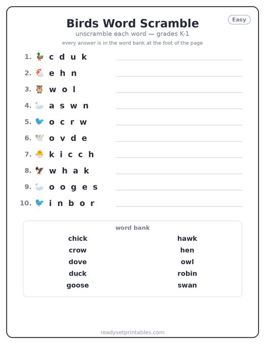 Birds Word Scrambles