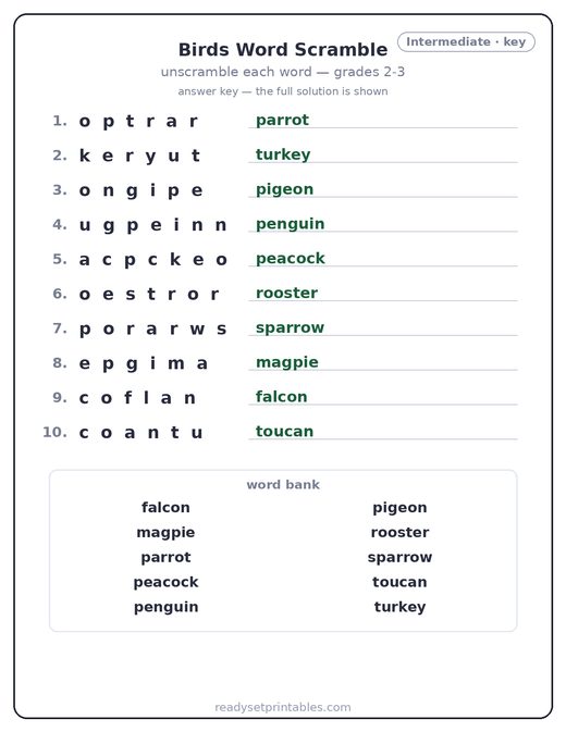 Birds word scramble puzzle, intermediate answer key — free printable