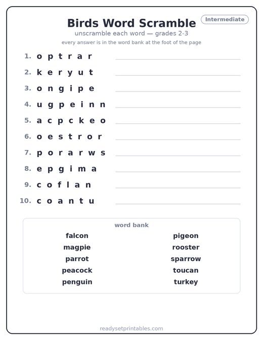 Birds word scramble puzzle, intermediate — free printable