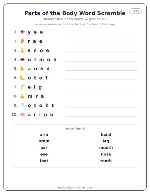 Parts of the Body Word Scrambles