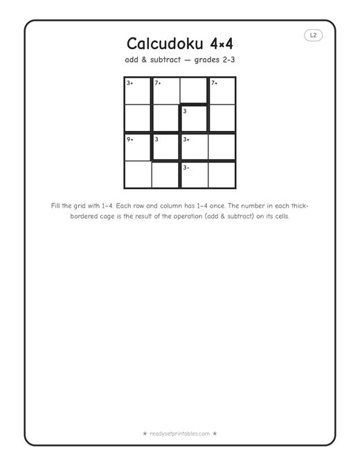 4x4 easy Calcudoku puzzle number 2 — free printable logic puzzle