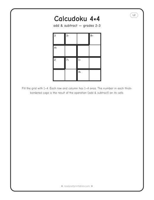 4x4 easy Calcudoku puzzle number 4 — free printable logic puzzle