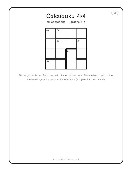 4x4 medium Calcudoku puzzle number 1 — free printable logic puzzle