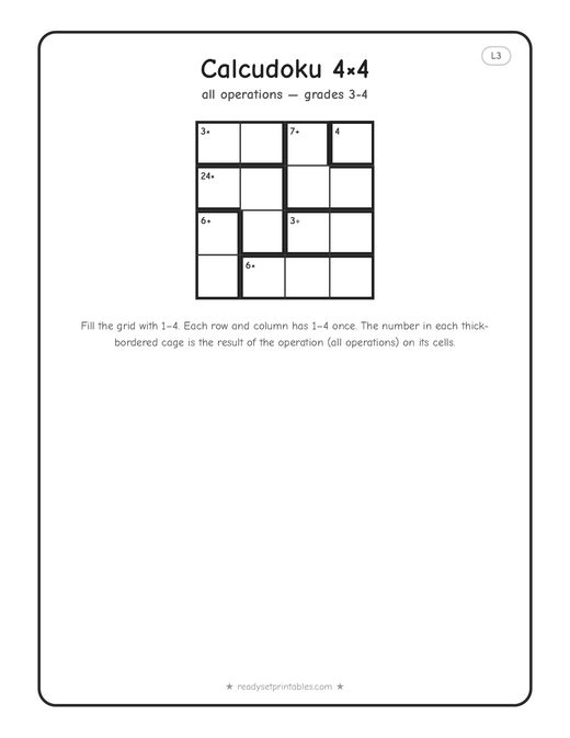 4x4 medium Calcudoku puzzle number 3 — free printable logic puzzle