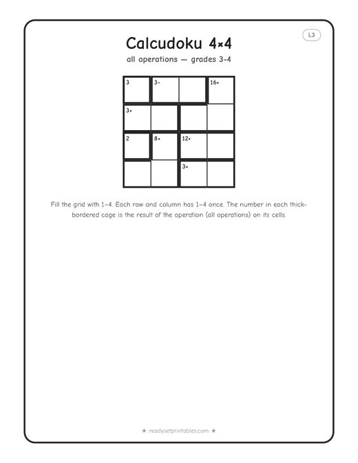 4x4 medium Calcudoku puzzle number 4 — free printable logic puzzle