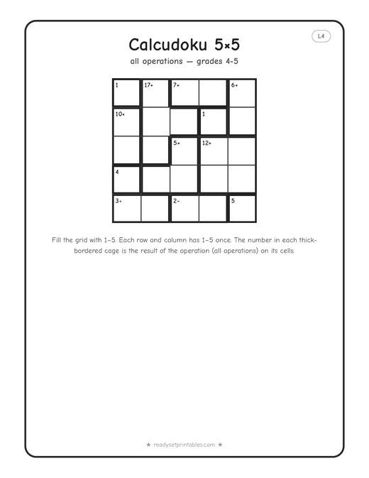5x5 hard Calcudoku puzzle number 2 — free printable logic puzzle