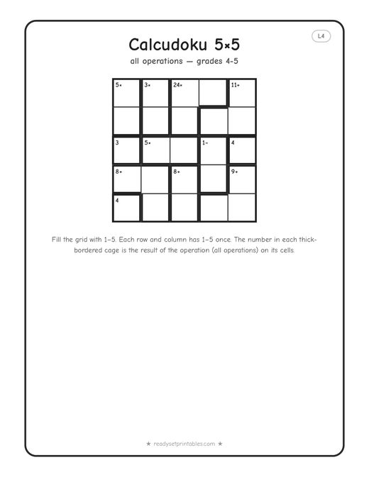 5x5 hard Calcudoku puzzle number 4 — free printable logic puzzle