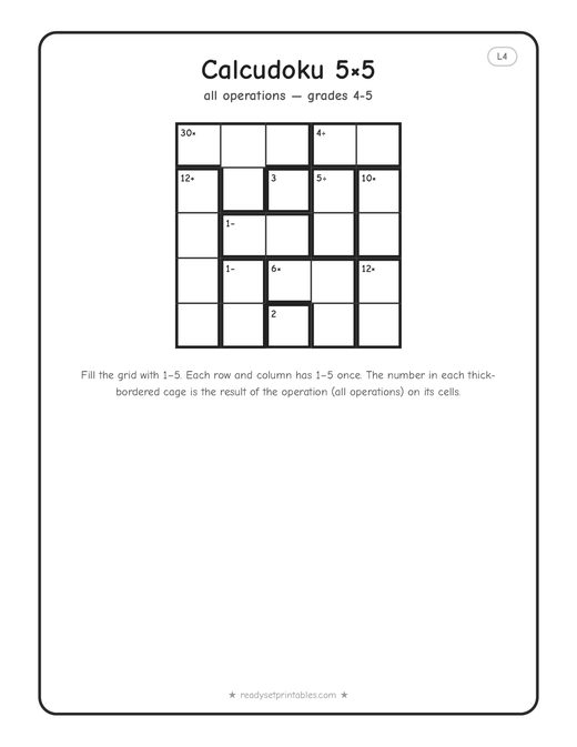 5x5 hard Calcudoku puzzle number 5 — free printable logic puzzle