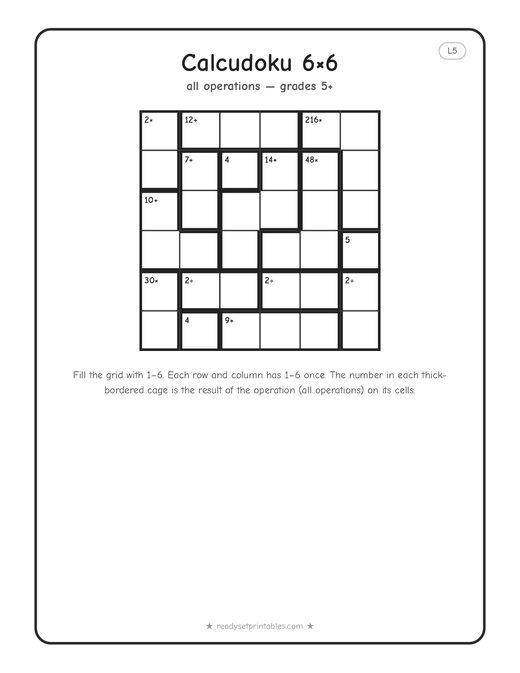 6x6 expert Calcudoku puzzle number 3 — free printable logic puzzle