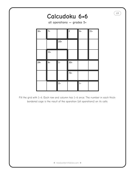 6x6 expert Calcudoku puzzle number 5 — free printable logic puzzle