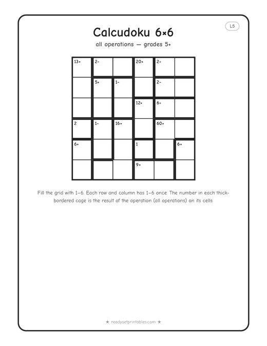 6x6 expert Calcudoku puzzle number 6 — free printable logic puzzle