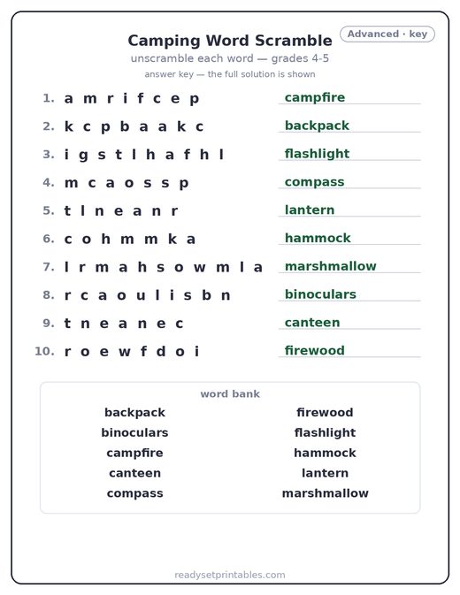 Camping word scramble puzzle, advanced answer key — free printable